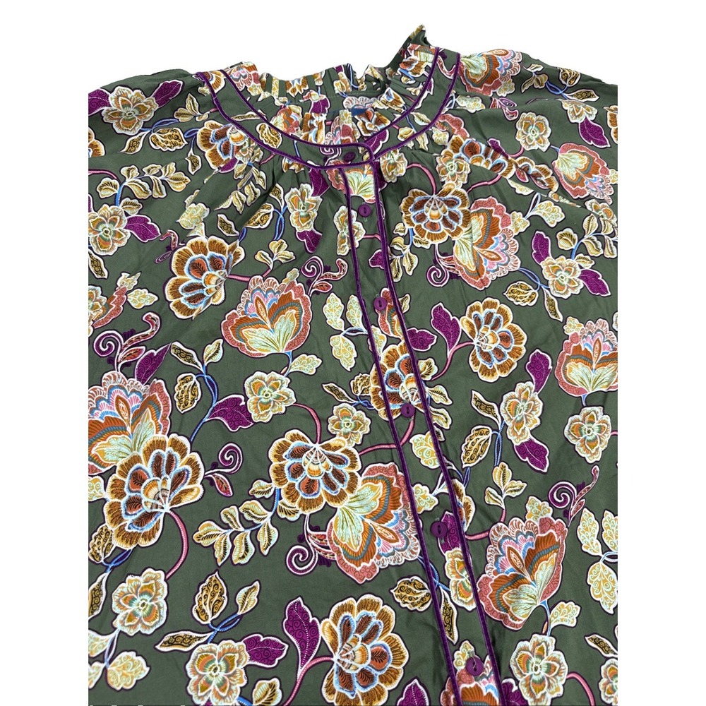 Democracy Top Women's 1X Olive Green Purple Velvet Trim Ruffle Short Sleeve NWT